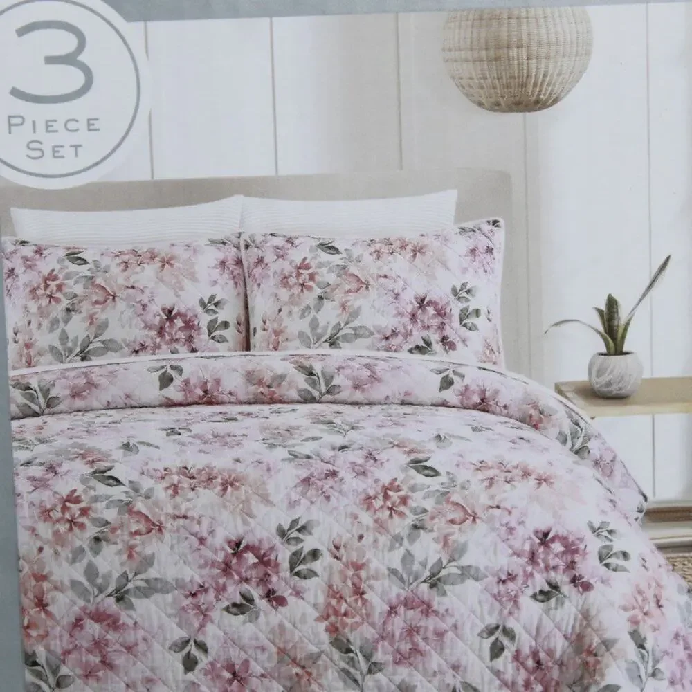 Nicole Miller Home 3 Piece Quilt Set Full/Queen w Shams Floral Print 100% Cotton